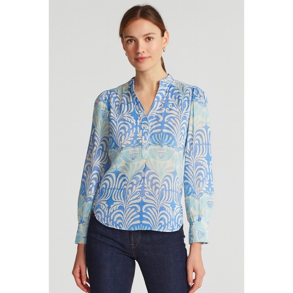 J. McLaughlin Tops - NWOT J McLaughlin Womens Blue White Print Long Sleeve V‎ Neck Top Blouse XS